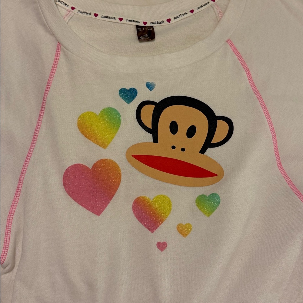 Vintage Paul Frank White Dolman Sleeve Top with Blue and Pink Hearts